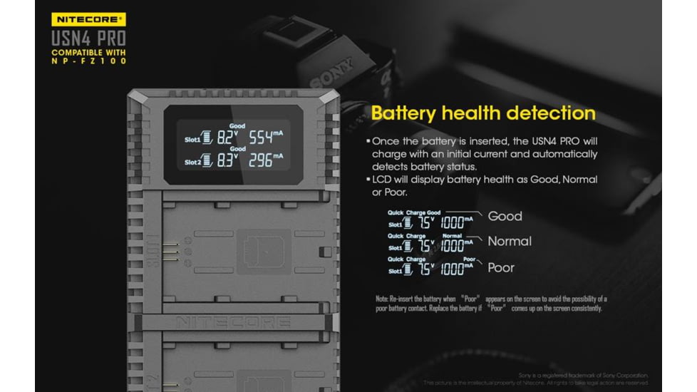 Nitecore USN4 Pro Digital QuickCharge 2.0 USB Battery Charger for Sony NP-FZ100 Batteries, Black, 6952506492701