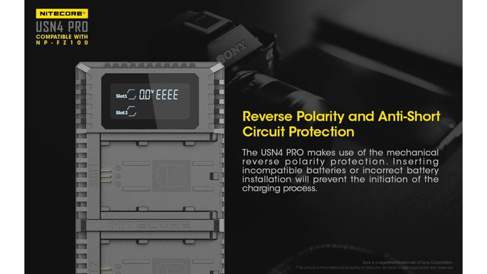 Nitecore USN4 Pro Digital QuickCharge 2.0 USB Battery Charger for Sony NP-FZ100 Batteries, Black, 6952506492701