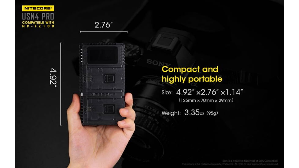 Nitecore USN4 Pro Digital QuickCharge 2.0 USB Battery Charger for Sony NP-FZ100 Batteries, Black, 6952506492701