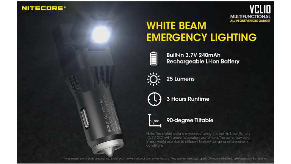 Nitecore VCL10 QuickCharge 3.0 USB Car Charger with White &amp; Red Flashlight, Black, 6952506404735