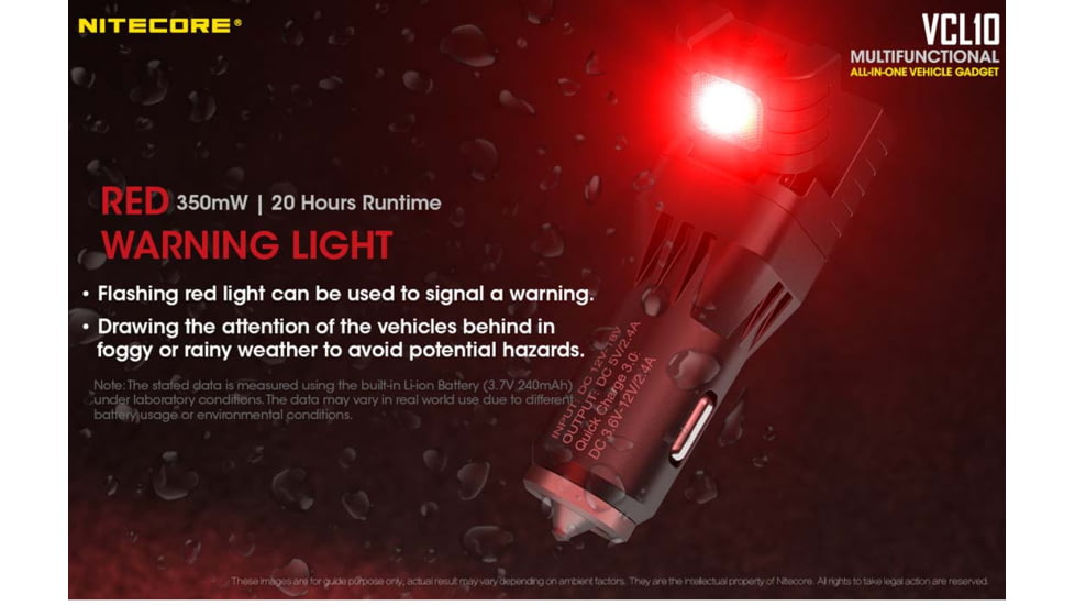 Nitecore VCL10 QuickCharge 3.0 USB Car Charger with White &amp; Red Flashlight, Black, 6952506404735