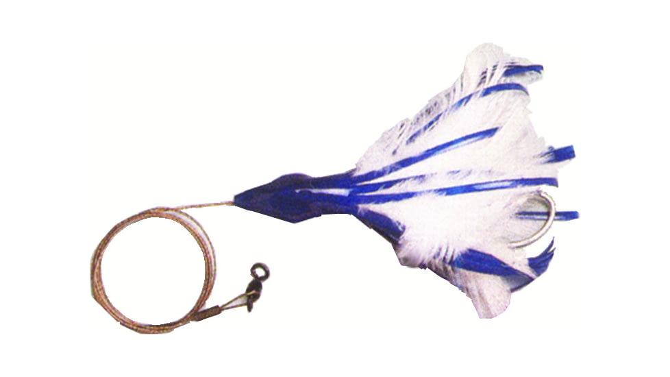 No Alibi NA-DD01-1.5U Dolphin Delight Trolling Lure, Rigged &amp; Ready, Blue/White Skirt, 1.5 oz Head, 6", 7/0 Hook, 135 lb Cable, 3 ft, NA-DD01-1.5U