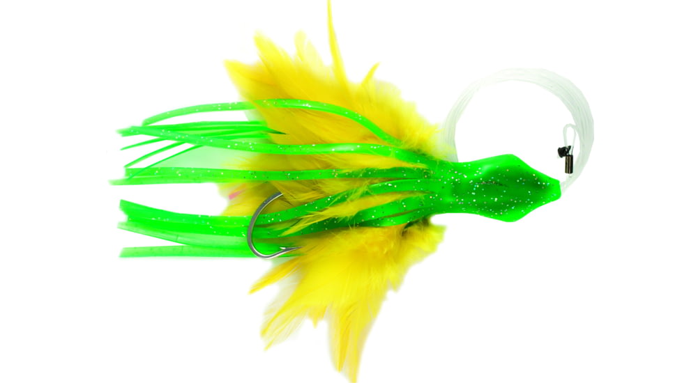 No Alibi NA-DD04-1.5U Dolphin Delight Trolling Lure, Rigged &amp; Ready, Green/Yellow Skirt, 1.5 oz Head, 6", 7/0 Hook, 135 lb Cable, 3 ft, NA-DD04-1.5U