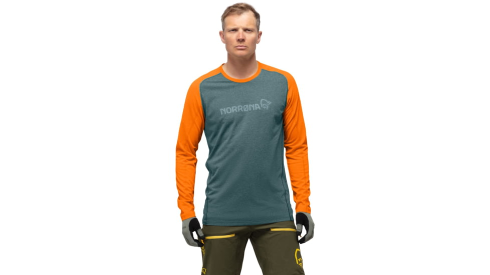 Norrona Fjora Equaliser Lightweight Long Sleeve - Mens, North Atlantic/Orange Popsicle, Extra Large, 7042698471833