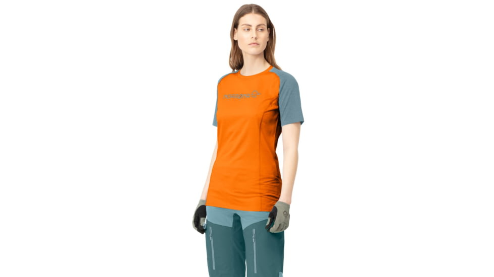 Norrona Fjora Equaliser Lightweight T-Shirt - Womens, Orange Popsicle/Tourmaline, Small, 7042698465009