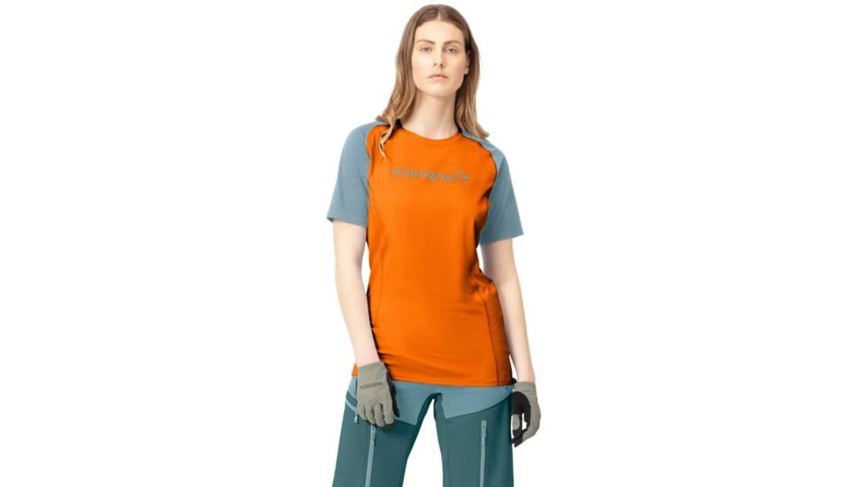 Norrona Fjora Equaliser Lightweight T-Shirt - Womens, Orange Popsicle/Tourmaline, Small, 7042698465009