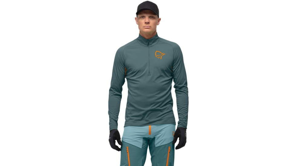 Norrona Fjora Equaliser Long Sleeve Zip Top - Mens, North Atlantic/Orange Popsicle, Medium, 7042698461353