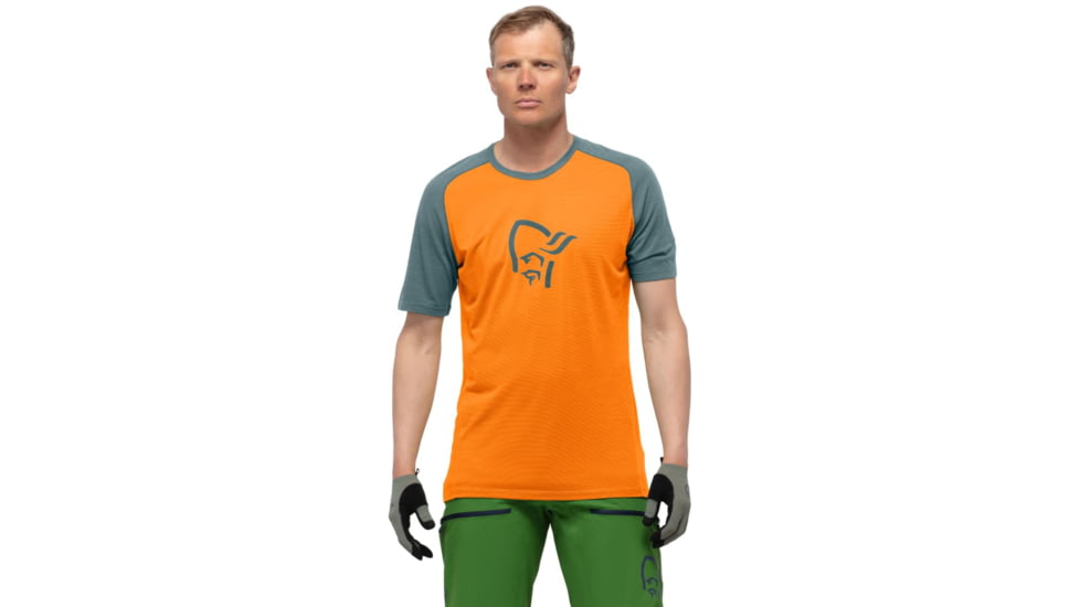 Norrona Fjora Wool T-Shirt - Mens, North Atlantic/Orange Popsicle, Small, 7042698461520