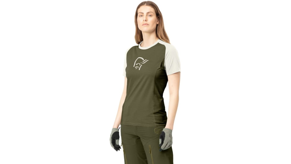 Norrona Fjora Wool T-Shirt - Womens, Olive Night/Snowdrop, Small, 7042698461568