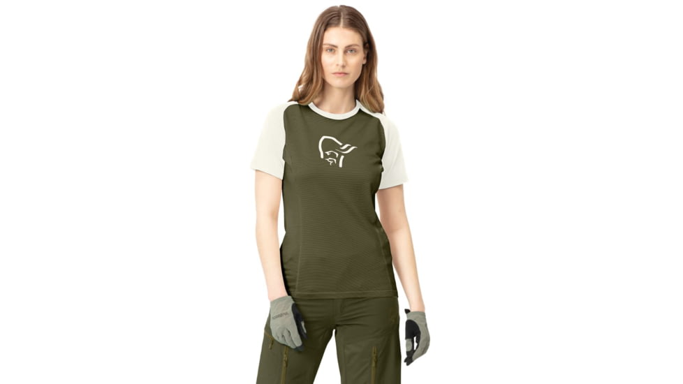 Norrona Fjora Wool T-Shirt - Womens, Olive Night/Snowdrop, Small, 7042698461568