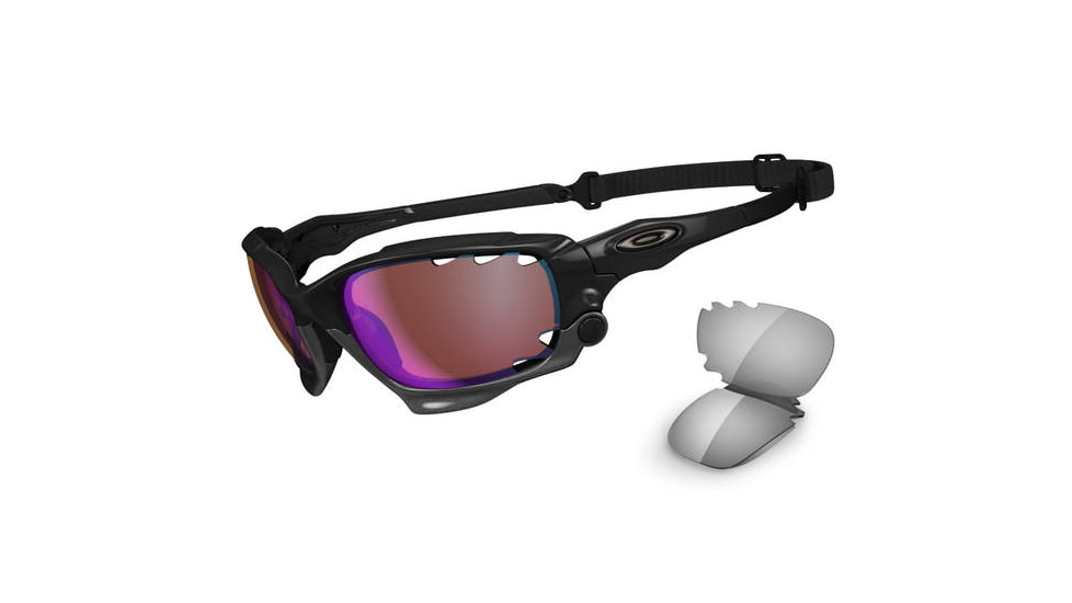 Oakley Racing Jacket Polished Black Frame w/ VR28 Blue Iridium &amp; Light Grey Lenses Sunglasses OO9171-05
