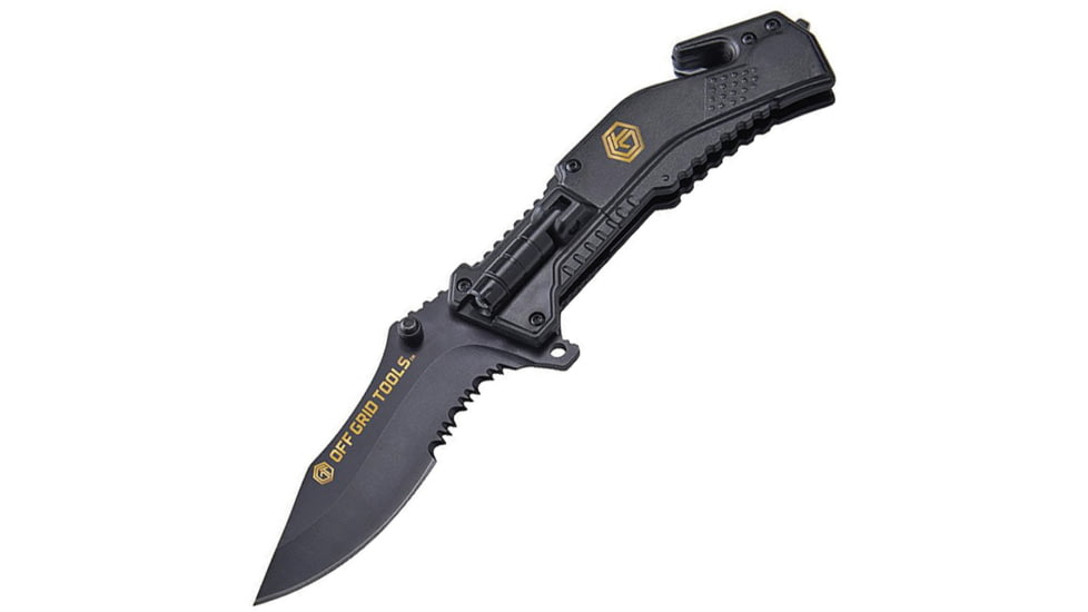 Off Grid Tools Survival Linerlock A/O Folding Knife, 4.75in Closed, 3.25in Black Partially Serrated 420 SS Blade, Black Aluminum Handle Integrated Led Flashlight, OGT-A-35KNIFE