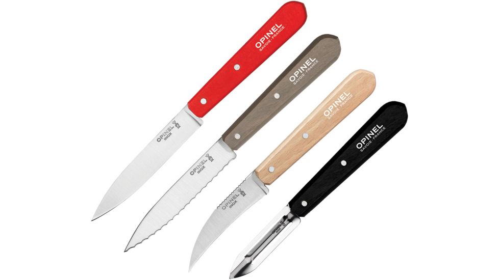 Opinel 4pc Kitchen Knife Set, black 2.5in peeler, natural 3in vegetable knife, gray 4in, serrated utility knife, and red 4in paring knife OP01626