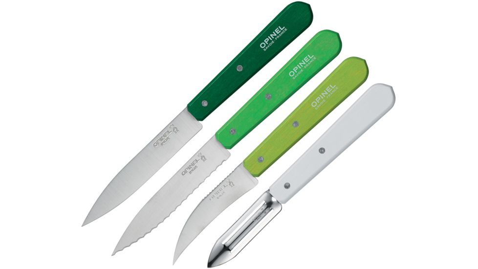 Opinel 4pc Kitchen Knife Set, white 2.5in peeler, light green 3in vegetable knife, green 4in serrated utility knife, and dark green 4in paring knife OP01709