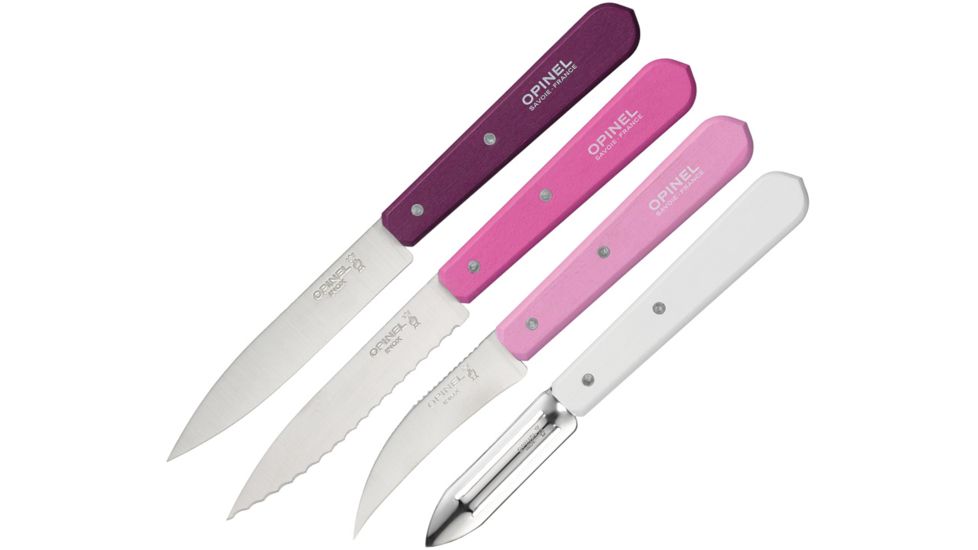 Opinel 4pc Kitchen Knife Set, white 2.5in peeler, light pink 3in vegetable knife, pink 4in serrated utility knife, and pink/purple 4in paring knife OP01736
