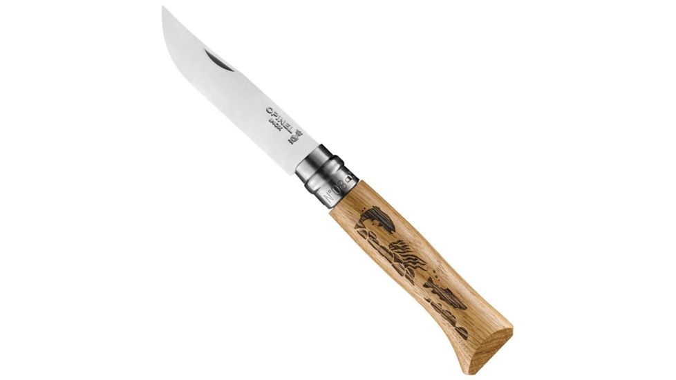 Opinel Animalia Trout Folding Knive Num.8, 3.35in, w/ Virobloc, 12C27 Sandvik SS, Oak Handle, Wood, 002334