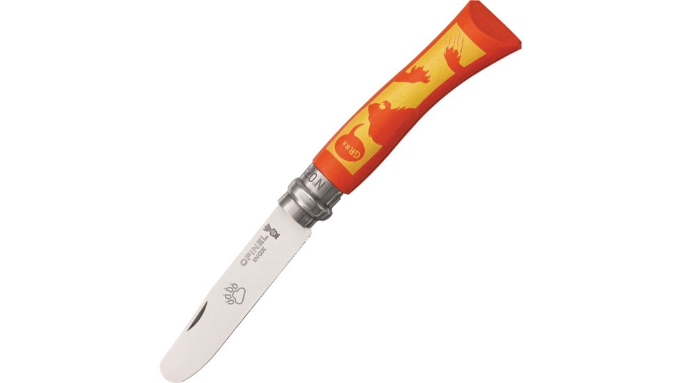 Opinel Childs Lion Folding Knife,2.875in,Round Tip Blade,Orange And Yellow Dyed Wood Handle OP01701