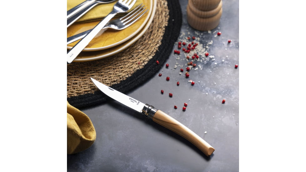 Opinel No.10 Effile Folding Knife, 4in, Stainless Steel/Sandvik 12C27, Plain, Wood, Olive Wood, 2562