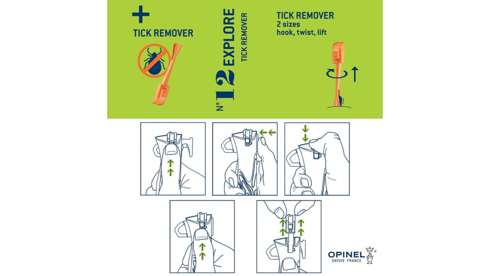 Opinel No.12 Explore Folding Knife w/Tick Remover, 4in, Stainless Steel/Sandvik 12C27, Plain, Green, Polymer, 2489