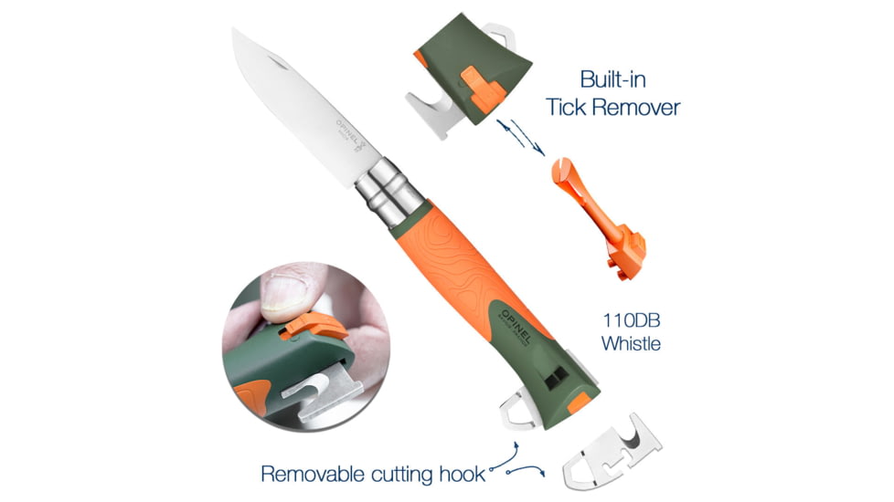 Opinel No.12 Explore Folding Knife w/Tick Remover, 4in, Stainless Steel/Sandvik 12C27, Plain, Orange, Polymer, 2454