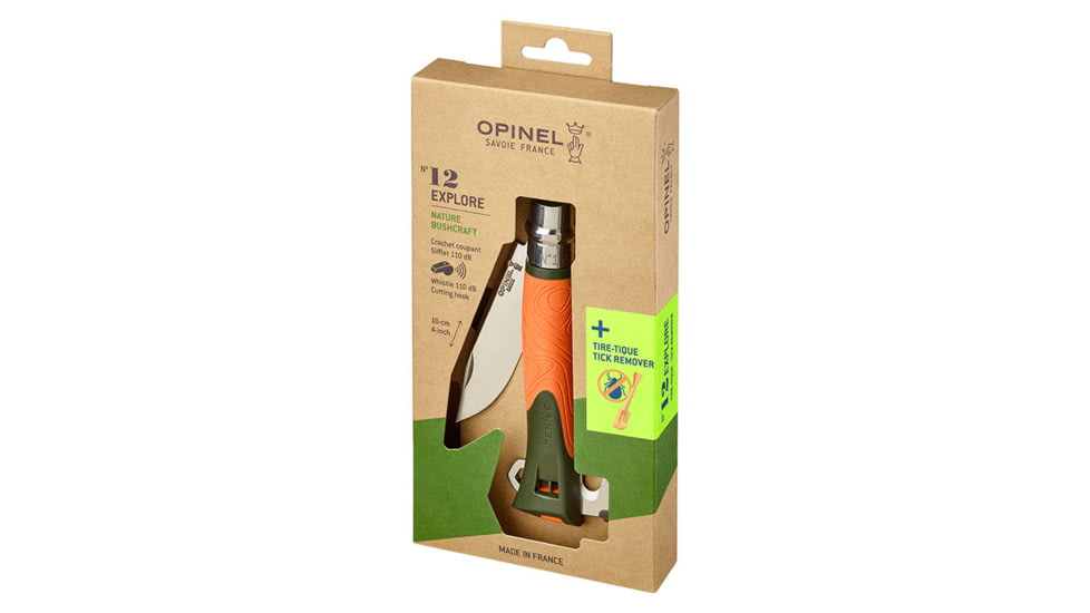Opinel No.12 Explore Folding Knife w/Tick Remover, 4in, Stainless Steel/Sandvik 12C27, Plain, Orange, Polymer, 2454