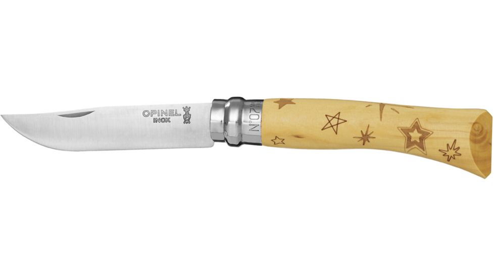 Opinel No 7 Stars Folding Knife,3in,12C27 Steel,Natural Varnished Beechwood Handle, 001549
