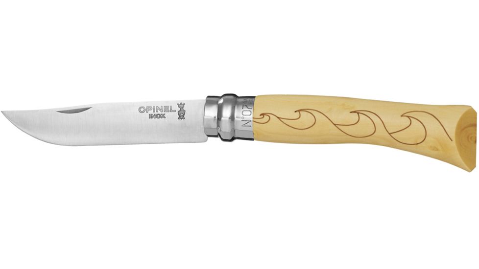 Opinel No 7 Waves Folding Knife,3in,12C27 Steel,Natural Varnished Beechwood Handle, 001552