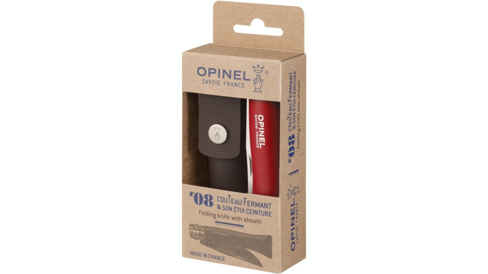 Opinel No 8 Red W/Sheath Folding Knife,3.25in,12C27 Steel,Red,Beechwood Handle, 001890