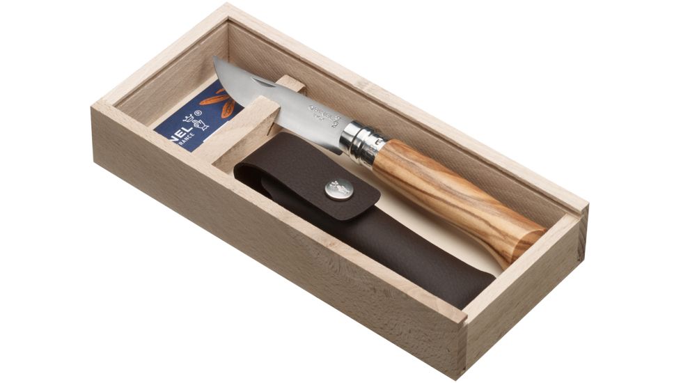 Opinel Olive Wood W/Sheath Folding Knife No.8, 3.125in, Olive Wood Handle, 001004