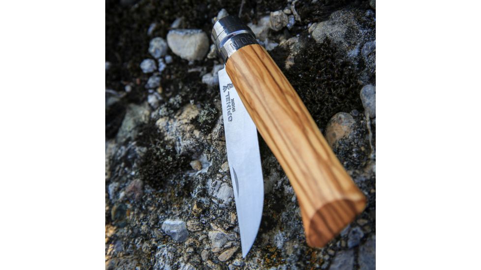 Opinel Olive Wood W/Sheath Folding Knife No.8, 3.125in, Olive Wood Handle, 001004