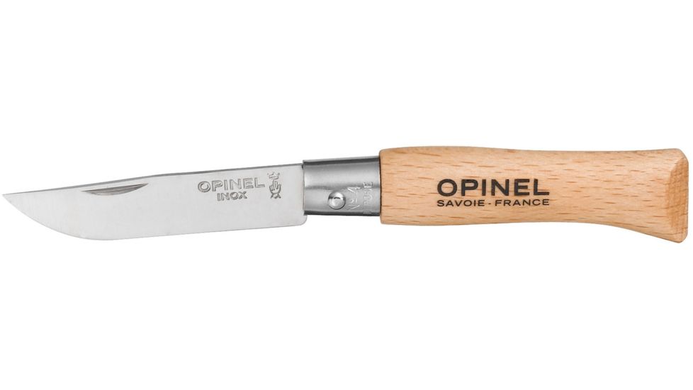 Opinel Stainless Steel Folding Knife No.4, 2in, w/ Virobloc, 12C27 Sandvik SS, Beechwood Handle, Wood, 121040