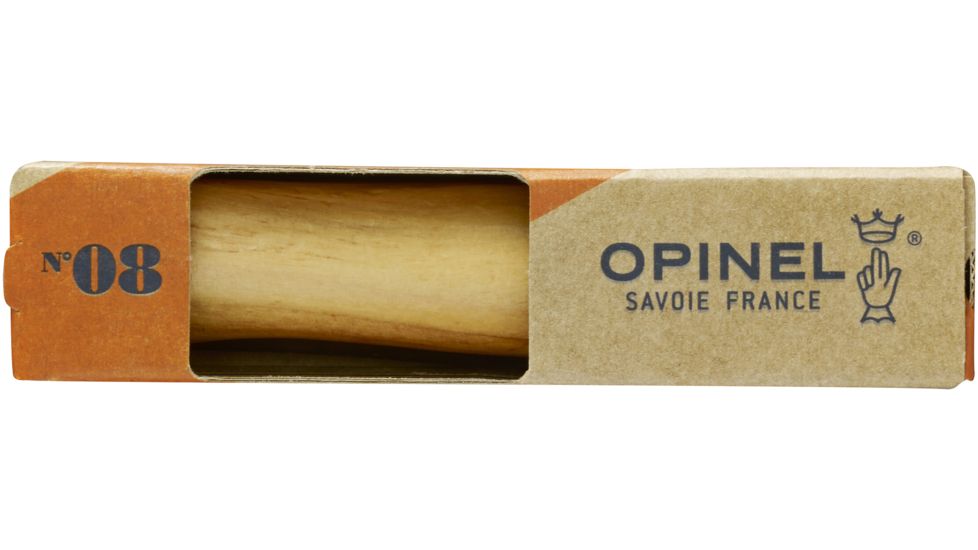Opinel Stainless Steel Folding Knife No.8, w/ Virobloc, 12C27 Sandvik SS, Olive Wood Handle, Olive, 002020