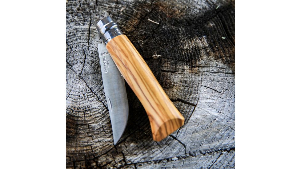 Opinel Stainless Steel Folding Knife No.8, w/ Virobloc, 12C27 Sandvik SS, Olive Wood Handle, Olive, 002020