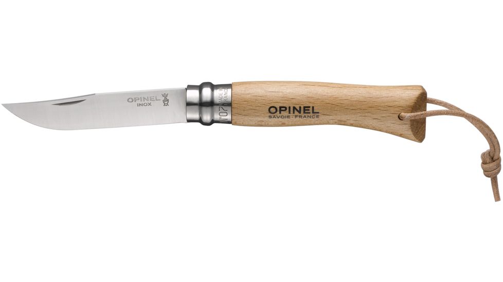 Opinel Stainless Steel Folding Knife with Leather Lace No.7, 3in, Natural Varnished Beechwood Handle, 001372