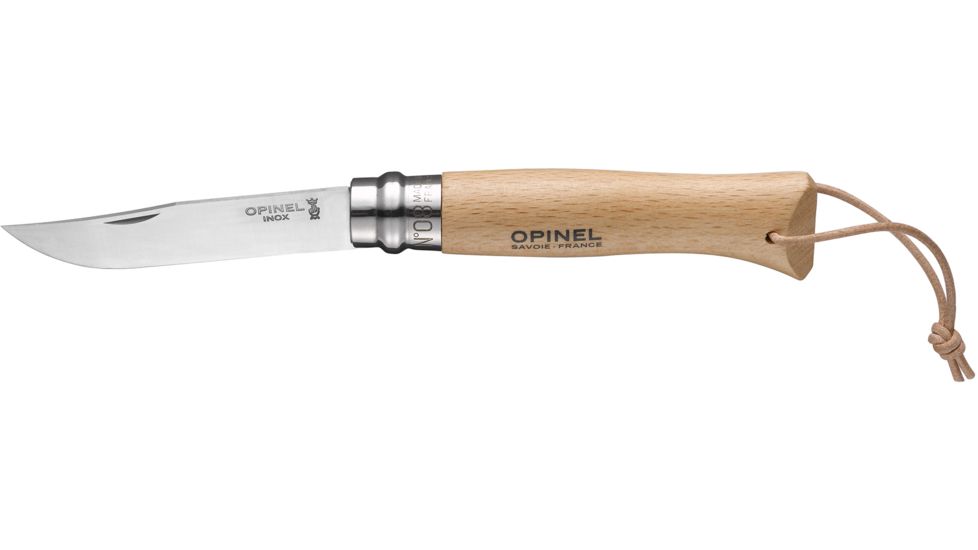 Opinel Stainless Steel Folding Knife with Leather Lace No.8, 4 3/8in., Natural Varnished Beechwood Handle, 001321