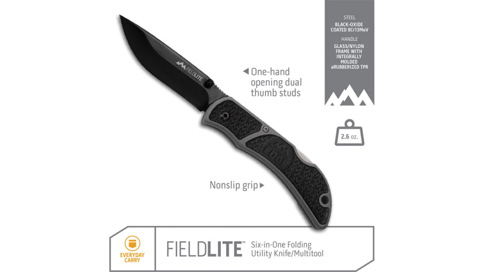 Outdoor Edge Cutlery Field Lite Black Folding Knife, 4.5in Closed, 3.5in Black Oxide 8Cr13MoV Drop Point Blade, Gray GRN Handle, FLK-33C