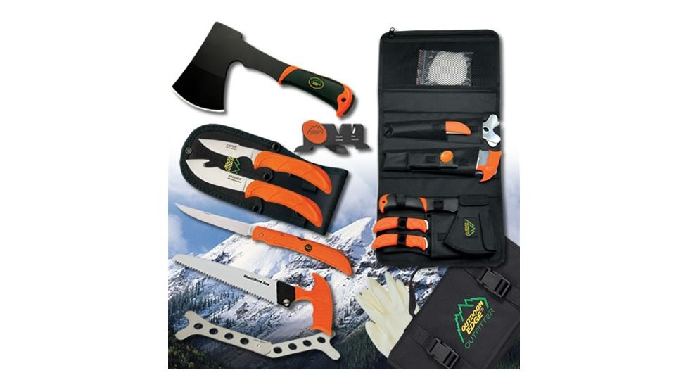 Outdoor Edge Cutlery The Outfitter Hunting Set - Gut-hook Skinner,Caping Knife, Folding Fillet Knife, Wood-Devil Hatchet,Saw,Ribcage Spreader,Cleaning Gloves,Sharpener OF-1