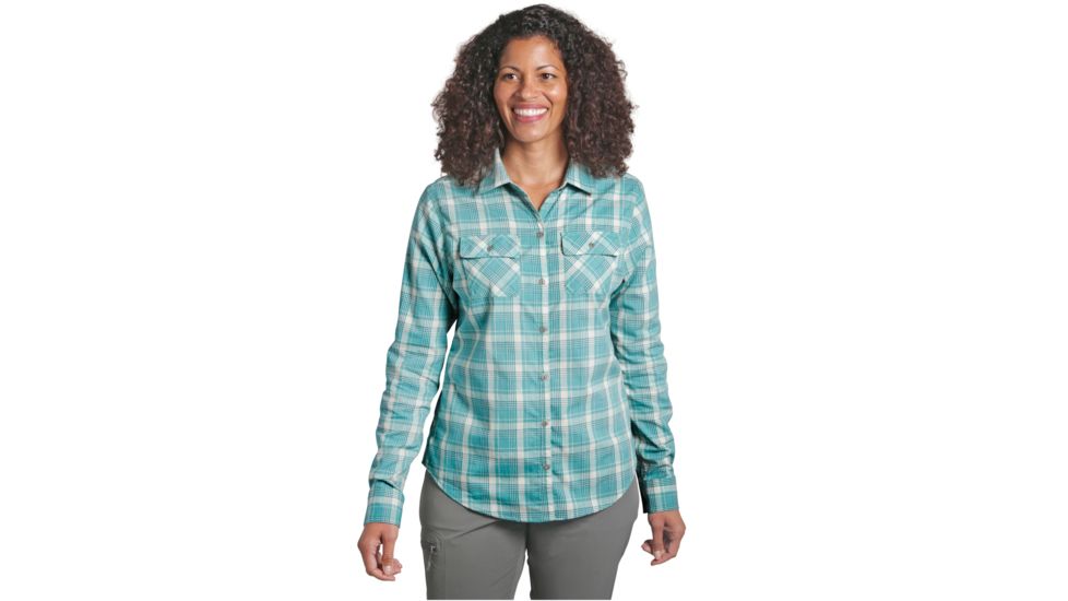 Outdoor Research Passage Long Sleeve Shirt - Womens, Seaglass Plaid, Extra Small, 2692631517005