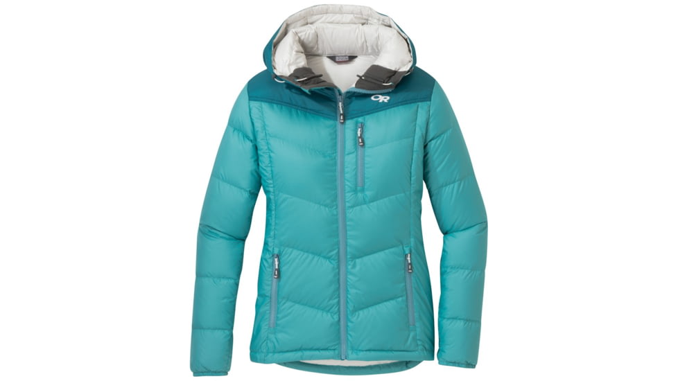 Outdoor Research Transcendent Down Hoody - Womens, Seaglass/Washed Peacock, XL, 2681051384009