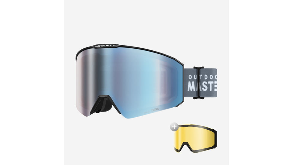 Outdoormaster Asian Fit FALCON Ski Goggles Cylindrical ZEISS Lens, Black Frame VLT 27% Zeiss Uniform ML Blue + VLT 91% Yellow Lens, 844122