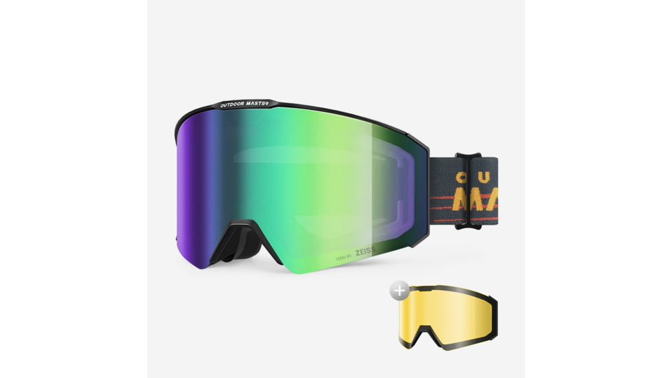 Outdoormaster FALCON Cylindrical Zeiss Lens Ski Goggles, Black Frame VLT 25% Zeiss Uniform ML Red + VLT 91% Yellow Lens, 805345