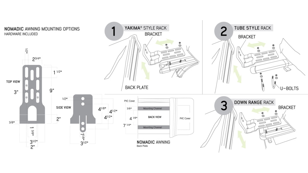 Overland Vehicle Systems Nomadic 180 Awning w/ Bracket Kit and Extended Poles For Mid to High Roof Line Vans, Dark Gray, 19609908
