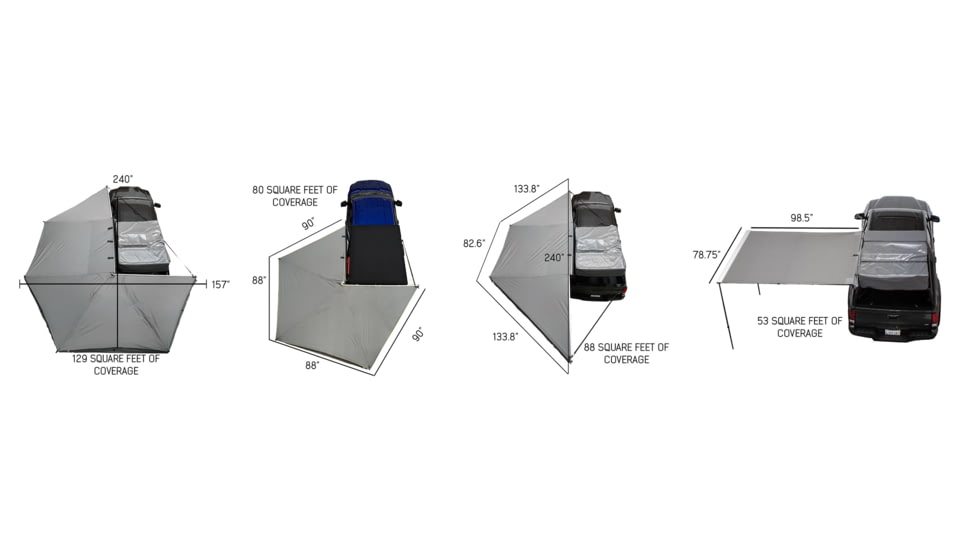 Overland Vehicle Systems Nomadic 180 Awning w/ Bracket Kit and Extended Poles For Mid to High Roof Line Vans, Dark Gray, 19609908
