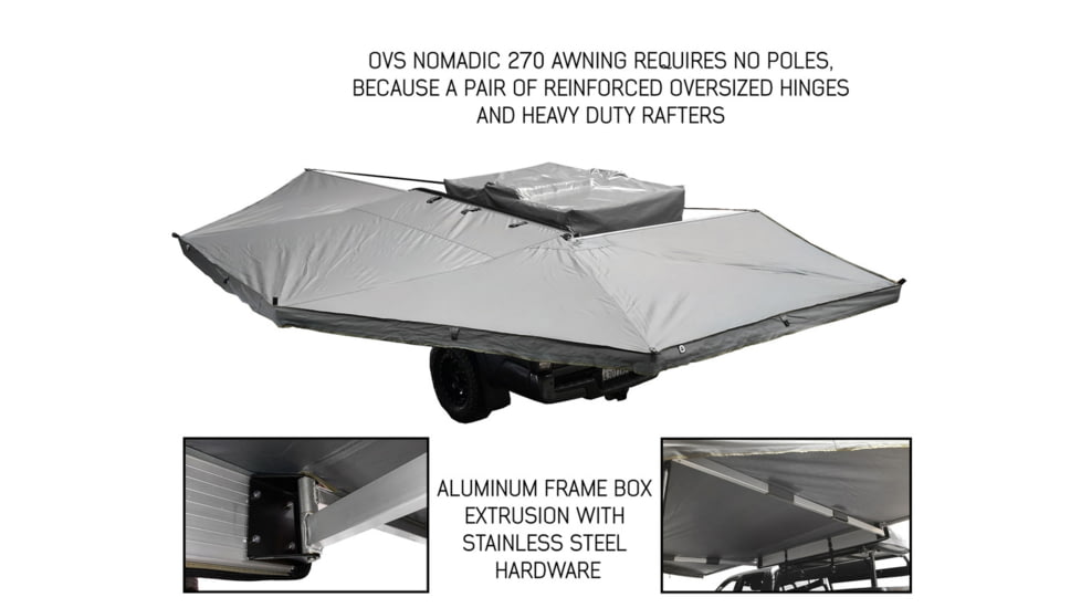 Overland Vehicle Systems Nomadic 270 Driver Roof Top Awning w/ Bracket Kit and Extended Poles For Mid to High Roof Line Vans, Dark Gray, 19519908