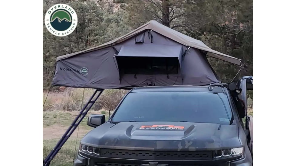 Overland Vehicle Systems Nomadic 4 Extended Roof Top Tent, 4 Person, w/ Annex Base, Dark Gray/Green, 75 x 122 x 51 in, 18141936