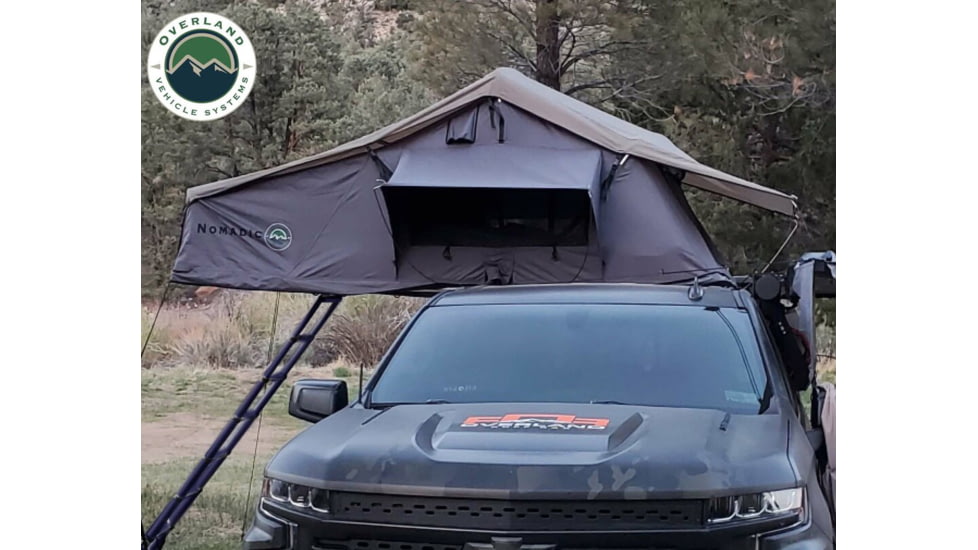 Overland Vehicle Systems Nomadic Extended Roof Top Tent w/ Green Rain Fly and Black Cover - 4+ Person, 4 Season, Dark Gray/Green, 18149936