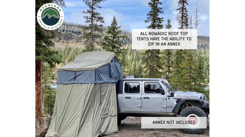 Overland Vehicle Systems Nomadic Extended Roof Top Tent w/ Green Rain Fly and Black Cover - 4+ Person, 4 Season, Dark Gray/Green, 18149936