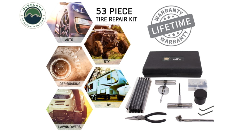 Overland Vehicle Systems Tire Plug Repair Kit 53 Piece Off Road Grade Truck, Jeep Off Road, RV, Trailers, Black, 12030001