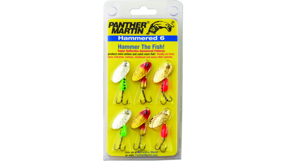 Panther Martin Hammered Regular Spinner, #4/#6, 1/4oz/1/8oz, 6/Pack, Gold/Silver/Yellow Red, PMHM6