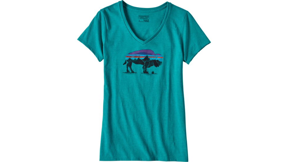 Patagonia Fitz Roy Bison Cotton/Poly V-Neck T-Shirt - Women's-True Teal-Large